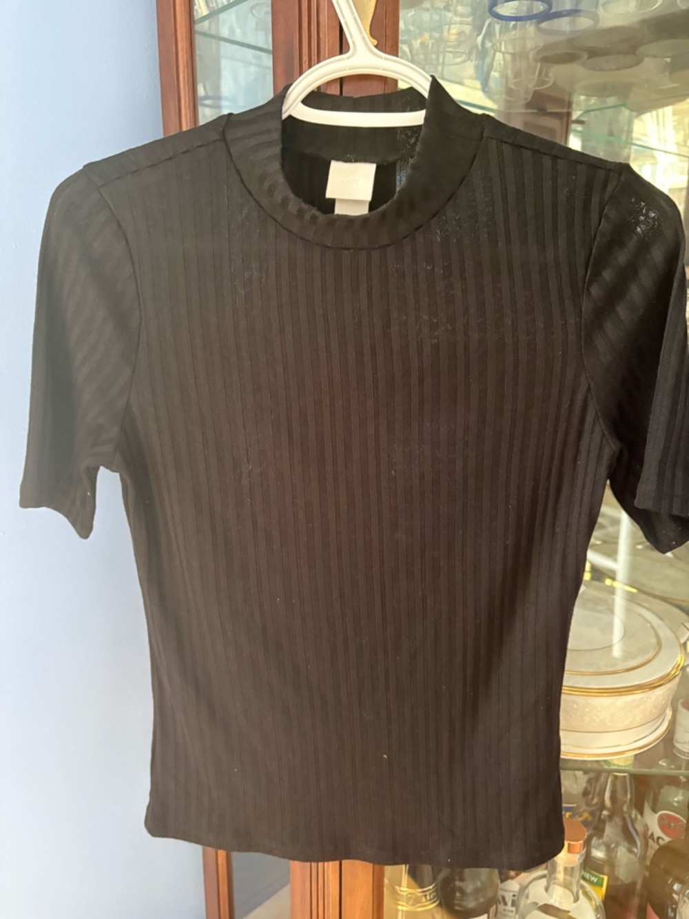 H&M Black Ribbed Short-Sleeve Mock Neck Tee